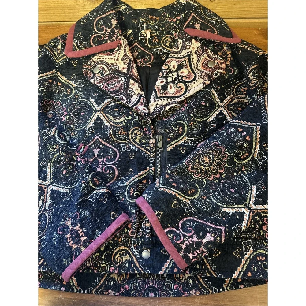 Free People Women's Small Tapestry Labyrinth Moto Jacket Bohemian‎ Hipster Chic